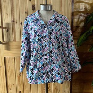 CJ Banks Womens Purple Argyle Print Pockets Buttoned Jacket 2X